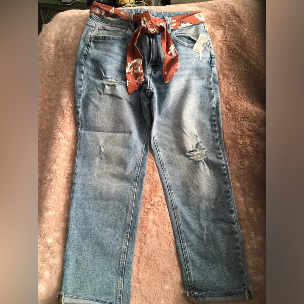 Maurices Light Blue Distressed Straight-Leg Jeans with Rust Scarf Tie